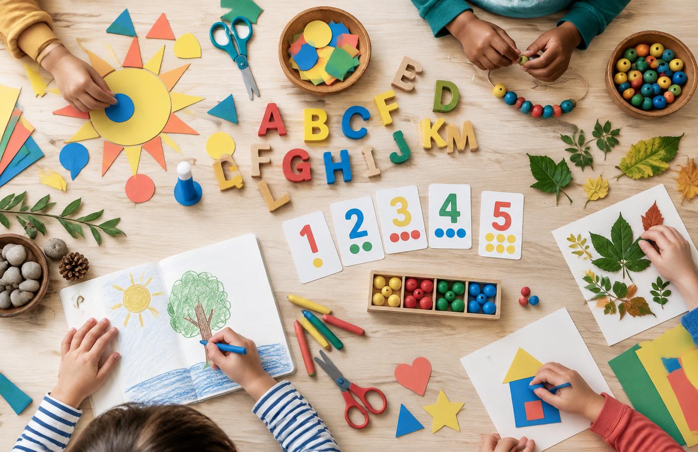 Hands making colorful crafts and exploring letters and numbers together